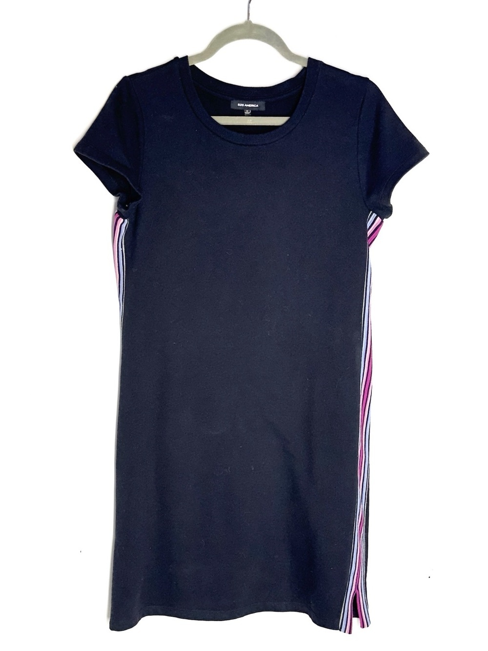 525 America Black Mini Tee Dress Pink & White Side Stripes Short Sleeve Size M
